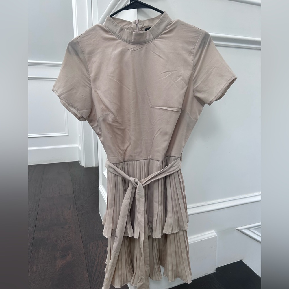 In the style beige mini ruffle dress with tie belt